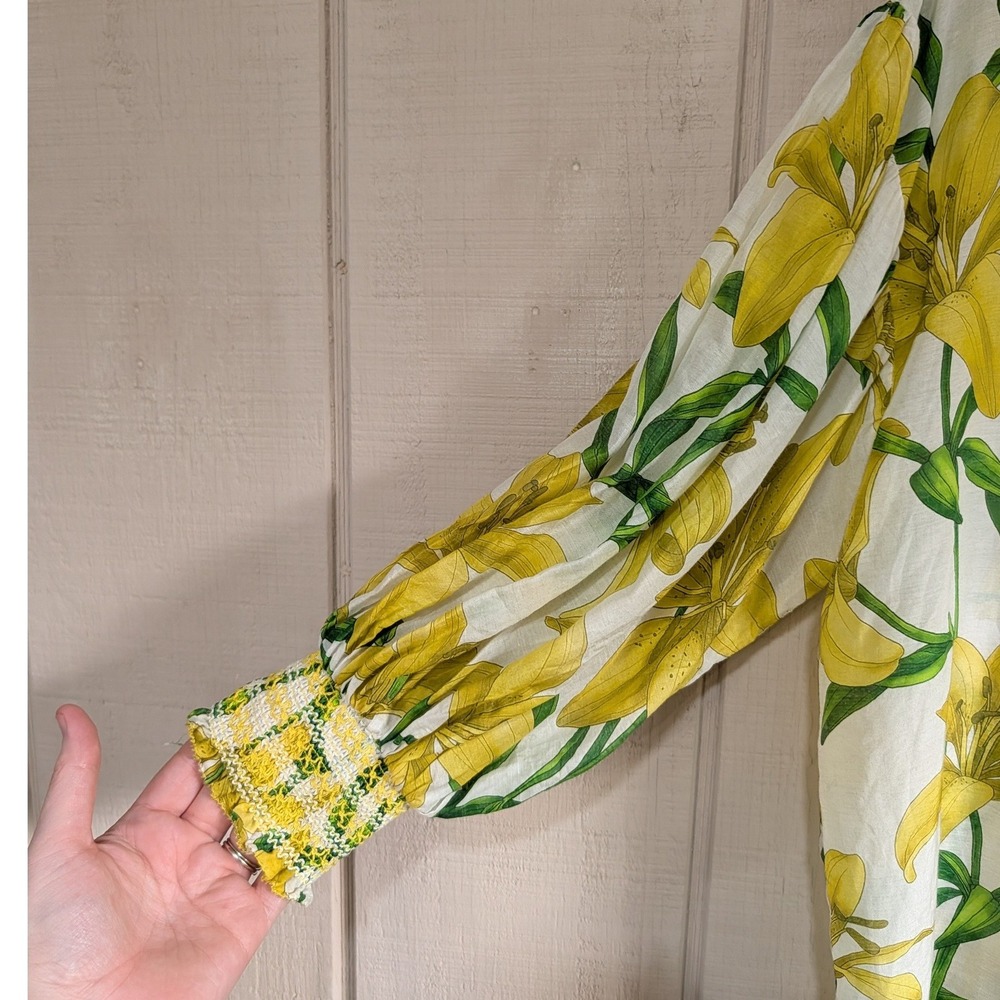Alice +‎ Olivia Maylin Yellow Lily Floral Silk Blend Puff Sleeve Blouse Large - Picture 7 of 16